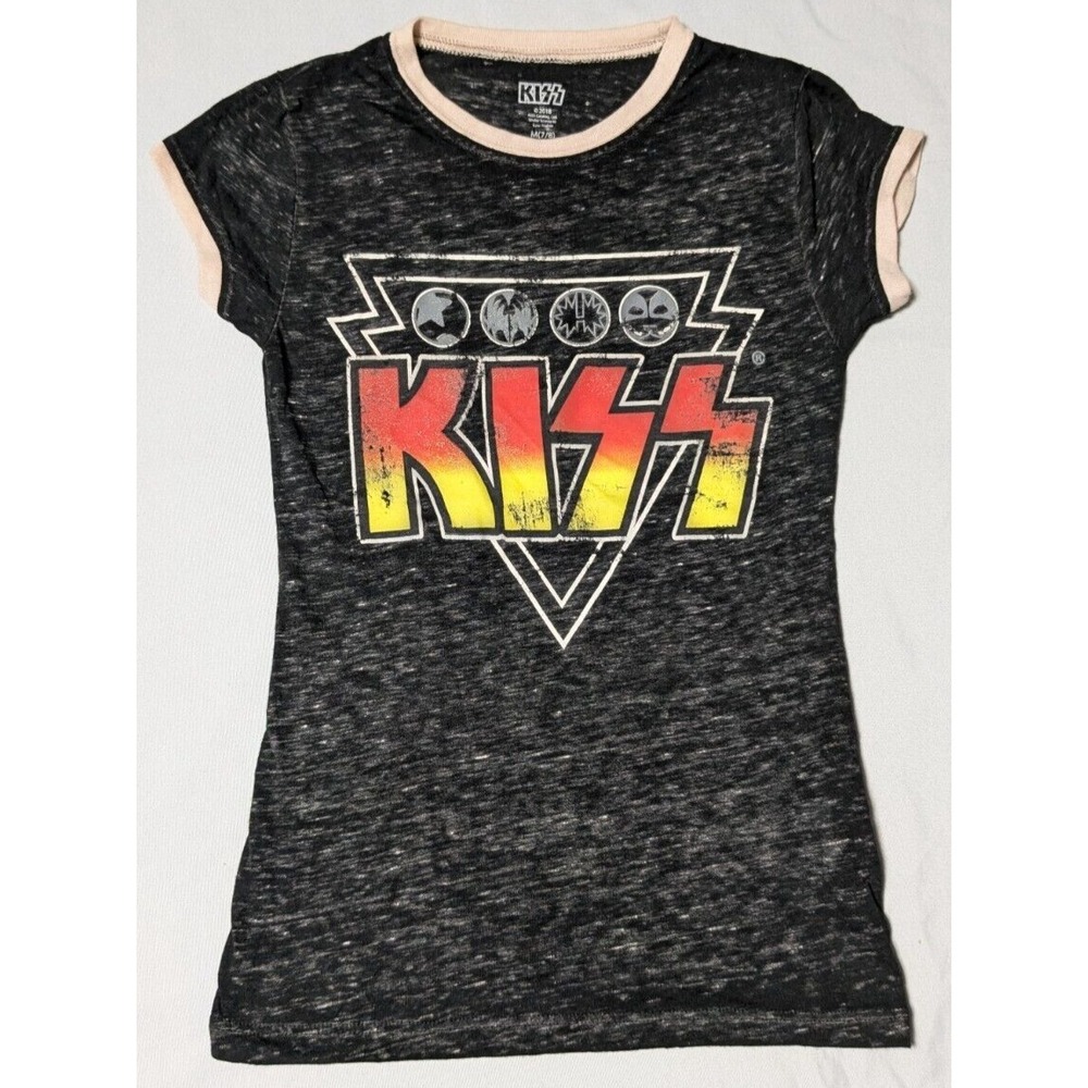 KISS Girls Medium 7/8 Black Marl‎ Graphic Print Ringer T-Shirt EUC